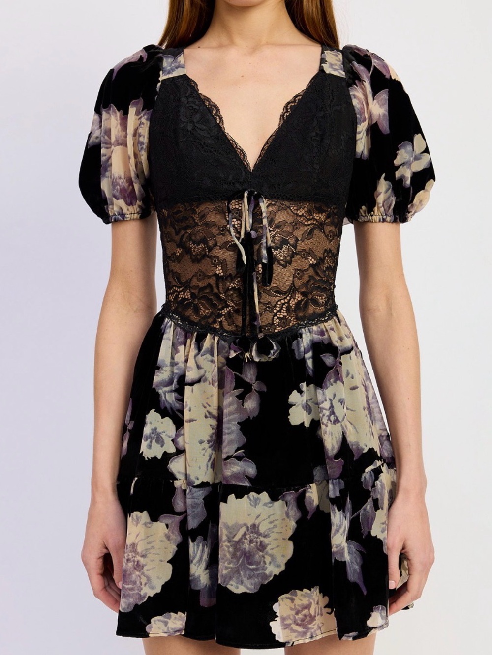 En Saison Black Mini lace fit & flare Dress with Cream purple Floral Print small